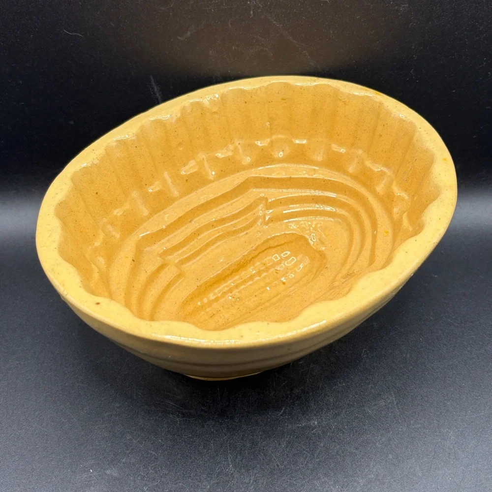 Antique Yellowware Pottery Corn Design Pudding Food Mold Farmhouse Butter Mold